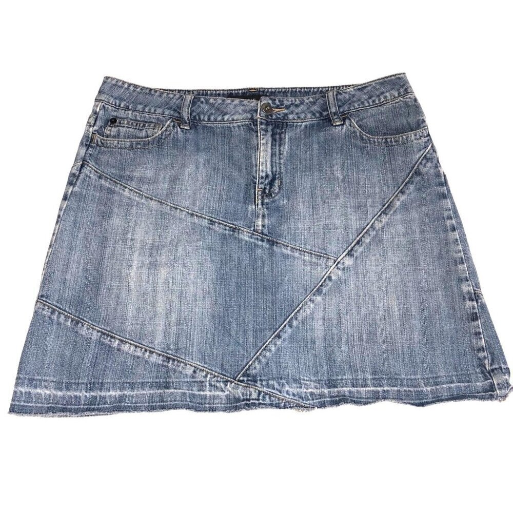 Noir Denim Mini Skirt Size 8 Patchwork Raw Hem Blue Front Pockets Boho Festival